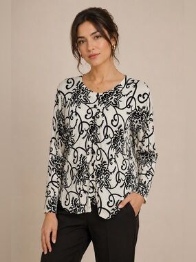 RED Black White Floral Scroll Print Cardigan Sweater Womens Large
